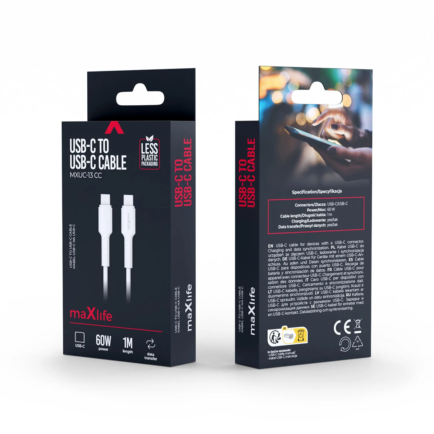 Maxlife MXUC-13 cable USB-C – USB-C 1,0 m 60W white
