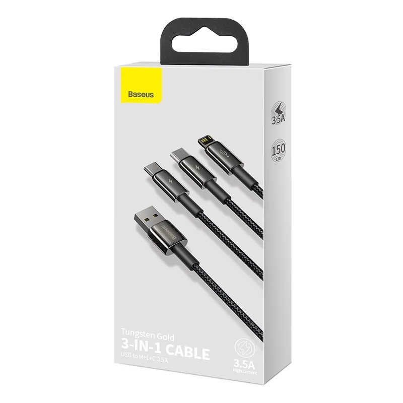 Baseus cable 3in1 Tungsten USB – micro USB + Lightning + USB-C 1,5m 3,5A black