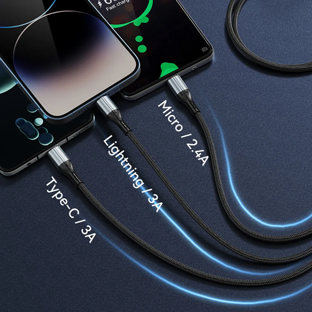BWOO 3-i-1-kabel USB – USB-C, Lightning, Micro USB 1m 3A X274 svart