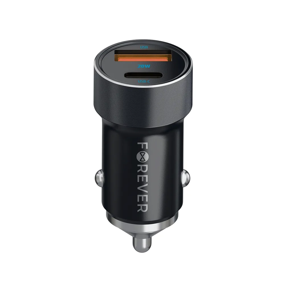 Forever CC-06 PD QC bil-laddare 1x USB-C 1x USB 20W svart + USB-C – USB-C-kabel 60W