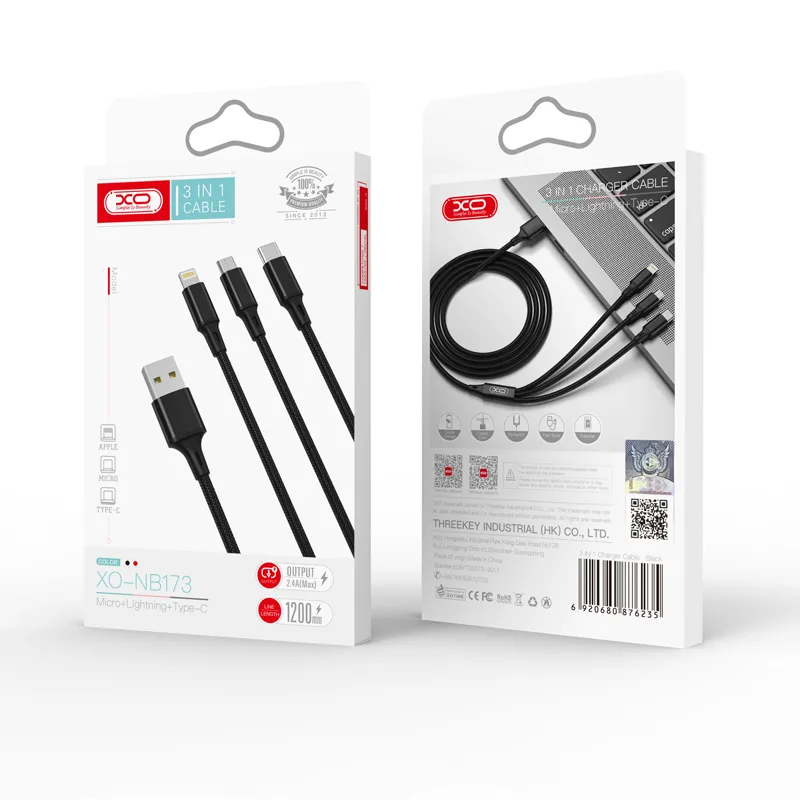 XO cable NB173 3in1 USB – Lightning + USB-C + microUSB 1,2 m 2,4A black