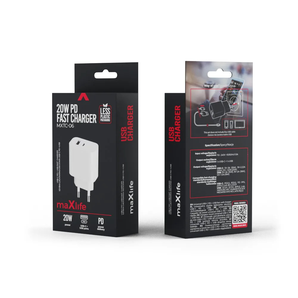 Maxlife MXTC-06 PD QC charger 1x USB-C 1x USB 20W white