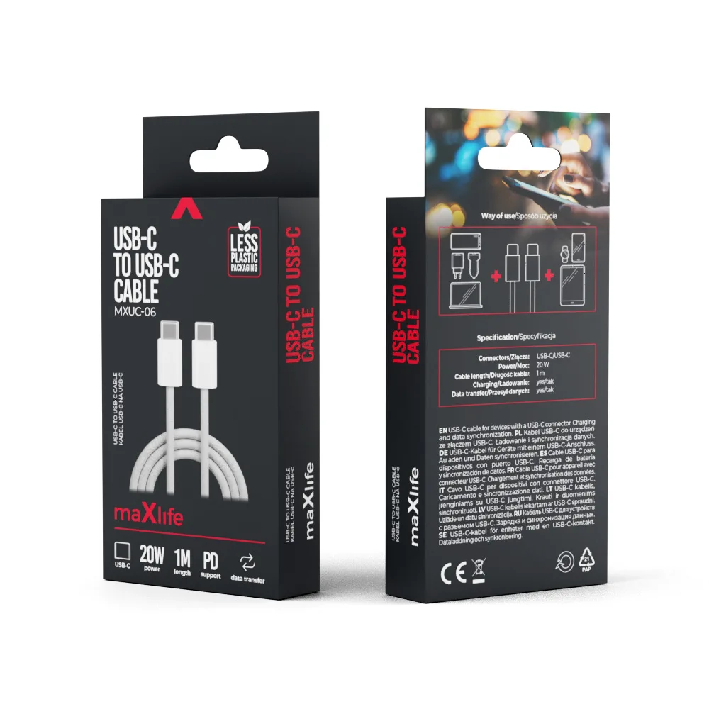 Maxlife MXUC-06 cable USB-C – USB-C 1,0 m 20W grey nylon