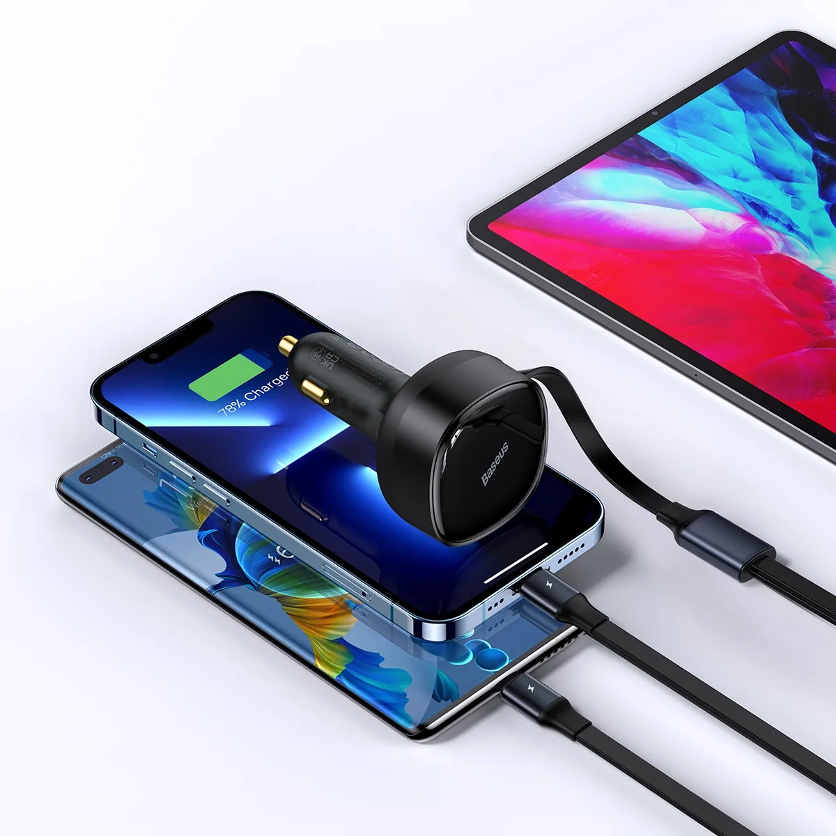 Baseus biladapter Enjoyment Retractable 2w1 30W svart med kabel 1x USB-C 1x Lightning