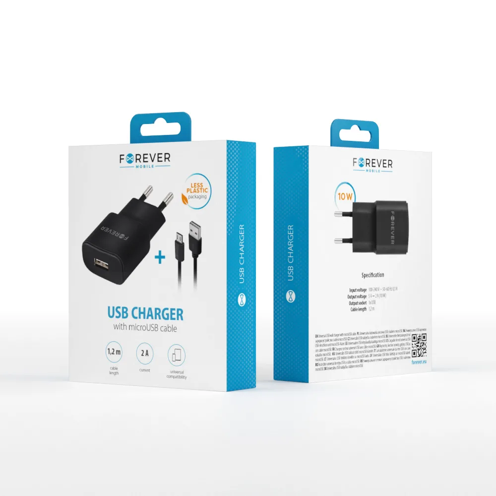 Forever TC-01 laddare 1x USB 2A svart + microUSB-kabel