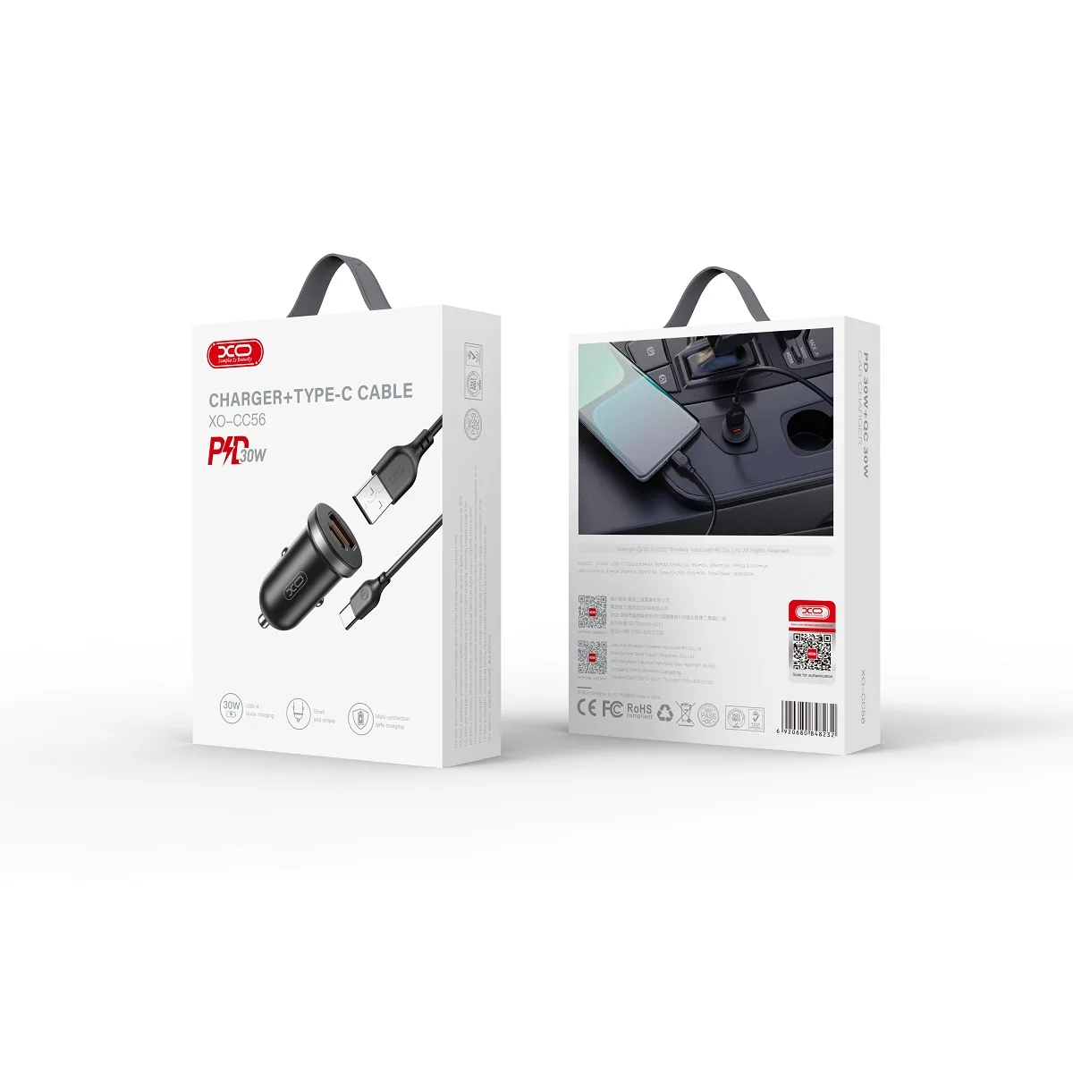 XO bil-laddare CC56 PD 30W QC 1x USB 1x USB-C svart + USB – USB-C-kabel