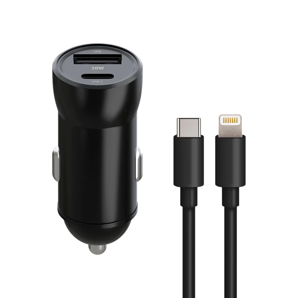 Maxlife MXCC-04 PD QC bil-laddare 1x USB-C 1x USB 20W svart + USB-C – Lightning-kabel 27W