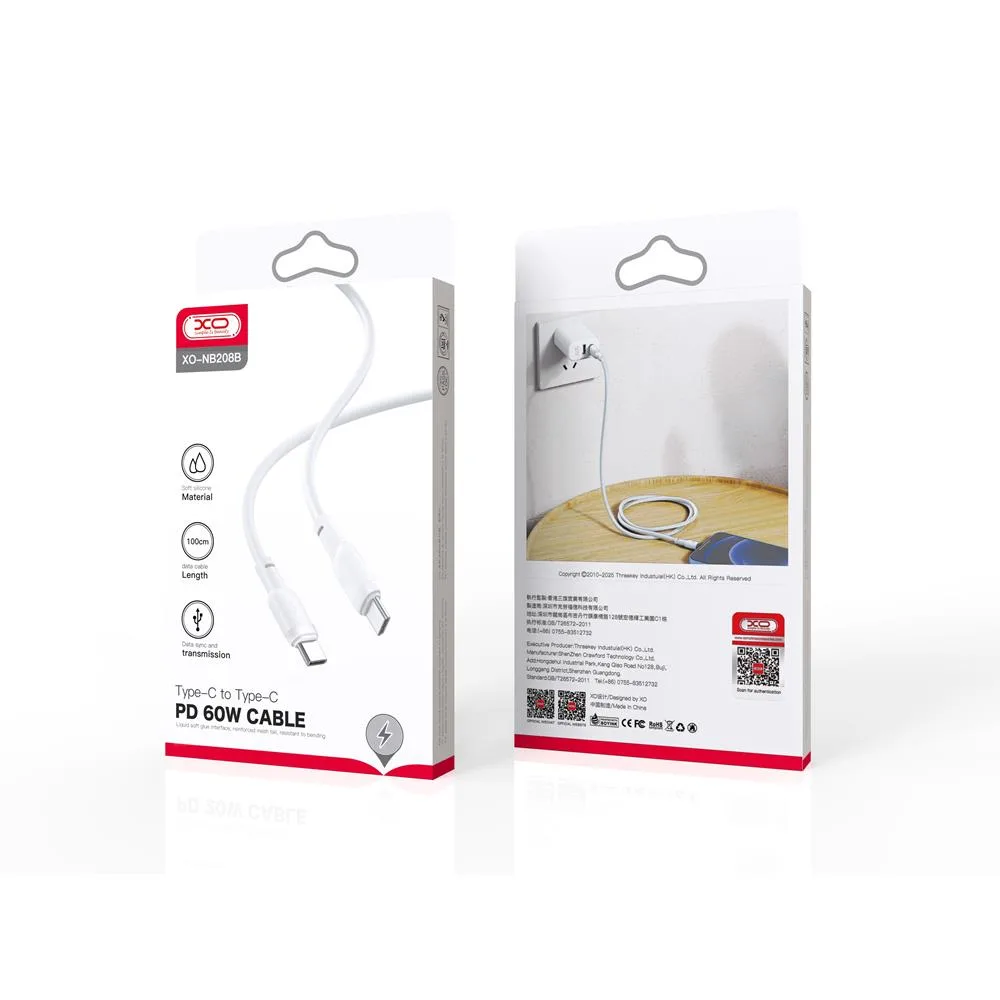 XO-kabel NB208B PD USB-C – USB-C 1,0 m 60W vit