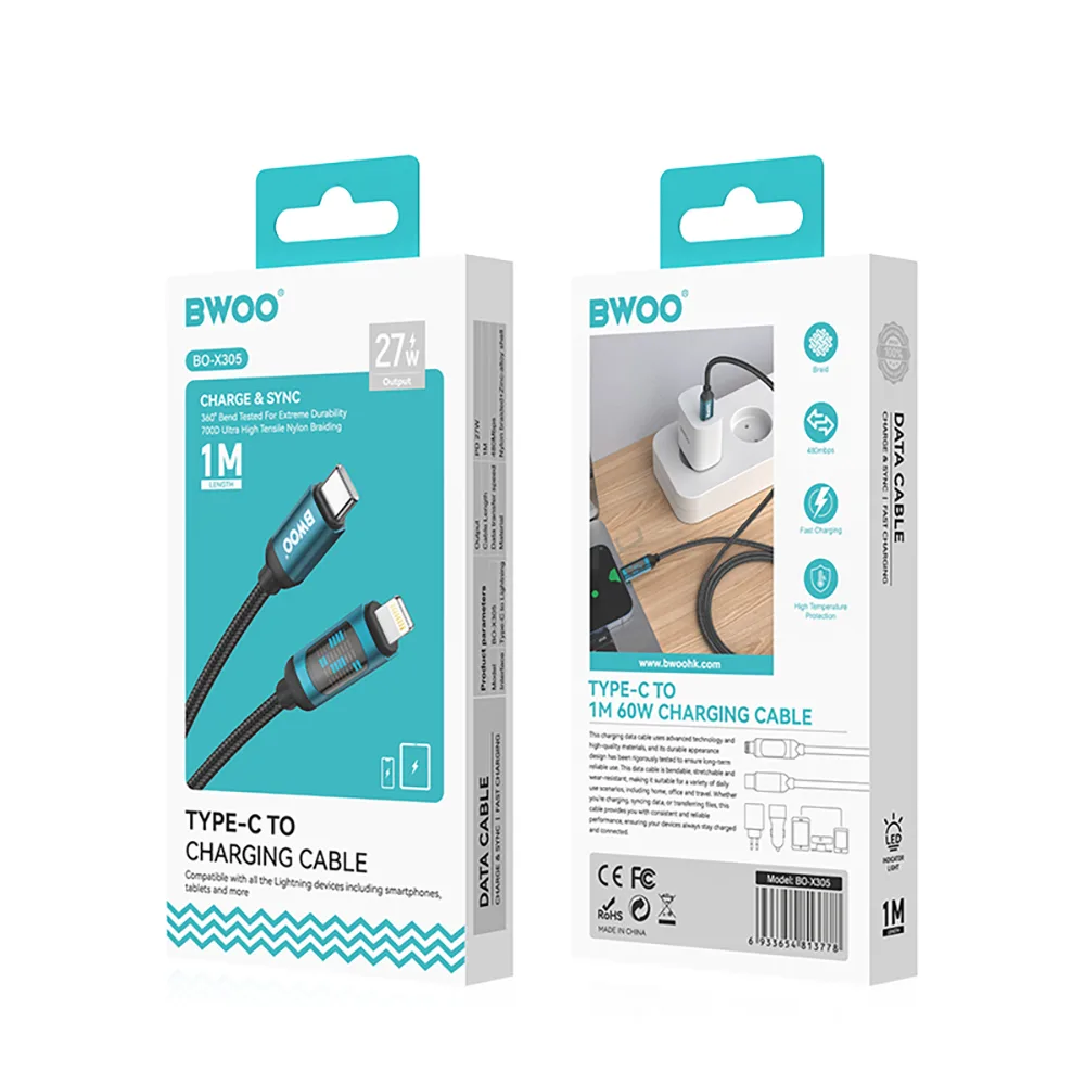 BWOO Flettad Kabel USB-C – Lightning 1m 27W med animerad belysning svart