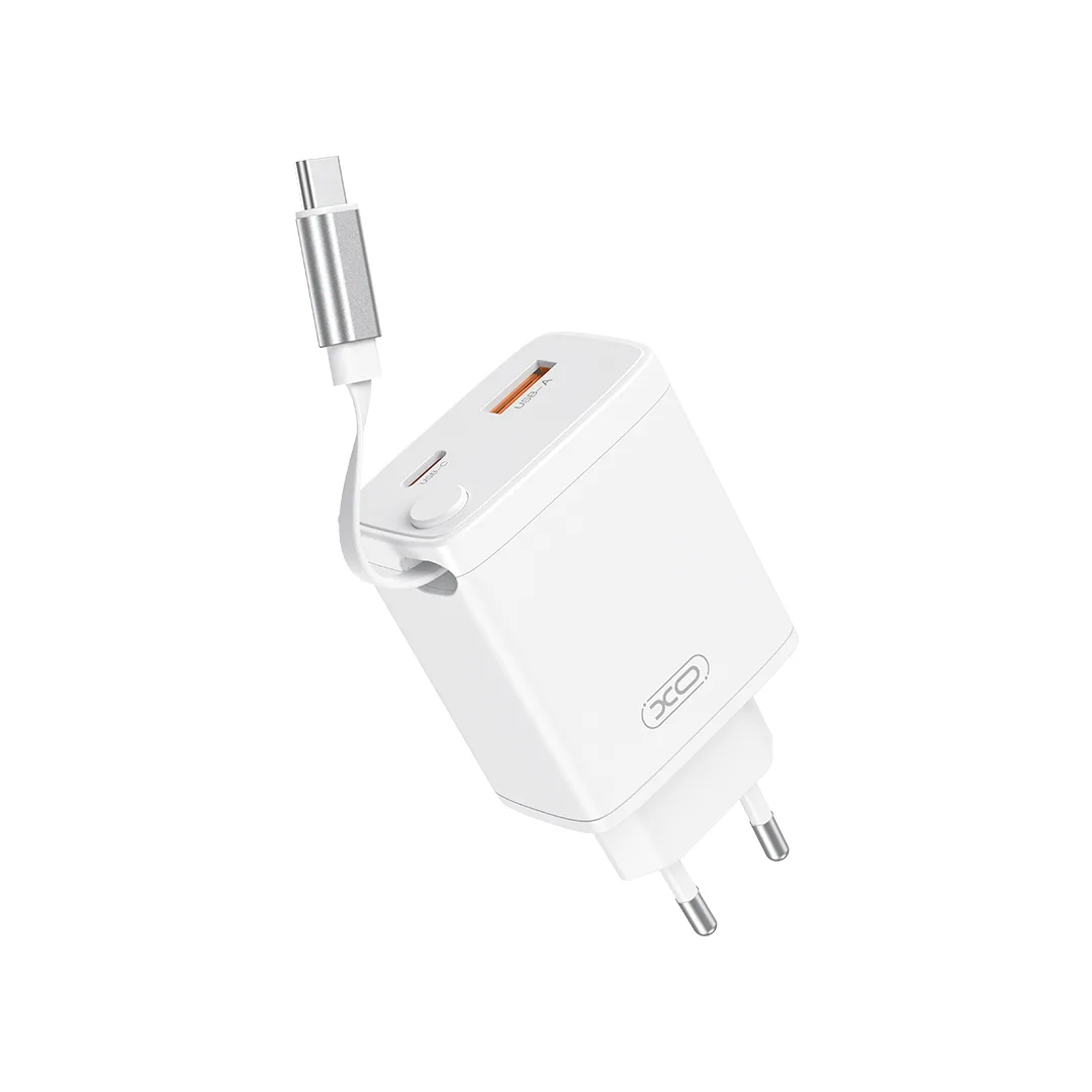 XO-väggladdare CE31 1x USB 1x USB-C 30W vit med utdragbar USB-C-kabel