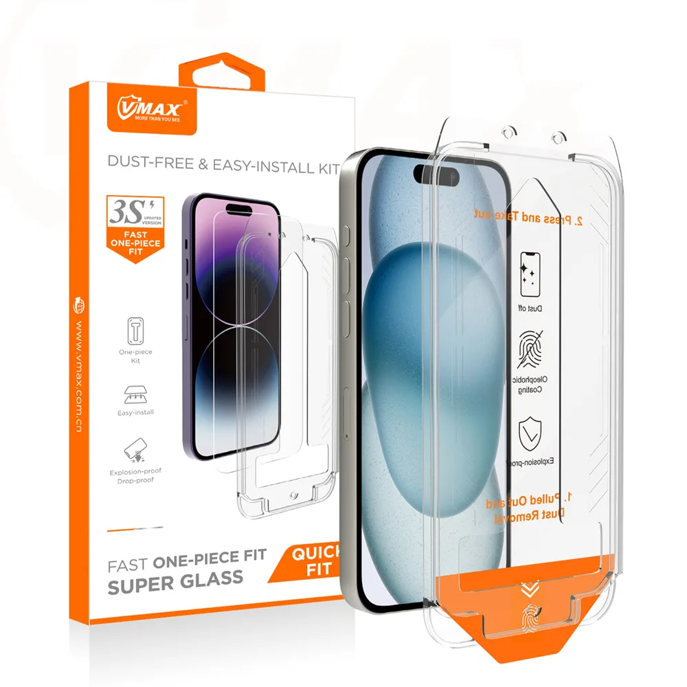 Vmax härdat glas – enkel montering, 2,5D, normalt glas för iPhone 15 Pro 6,1″