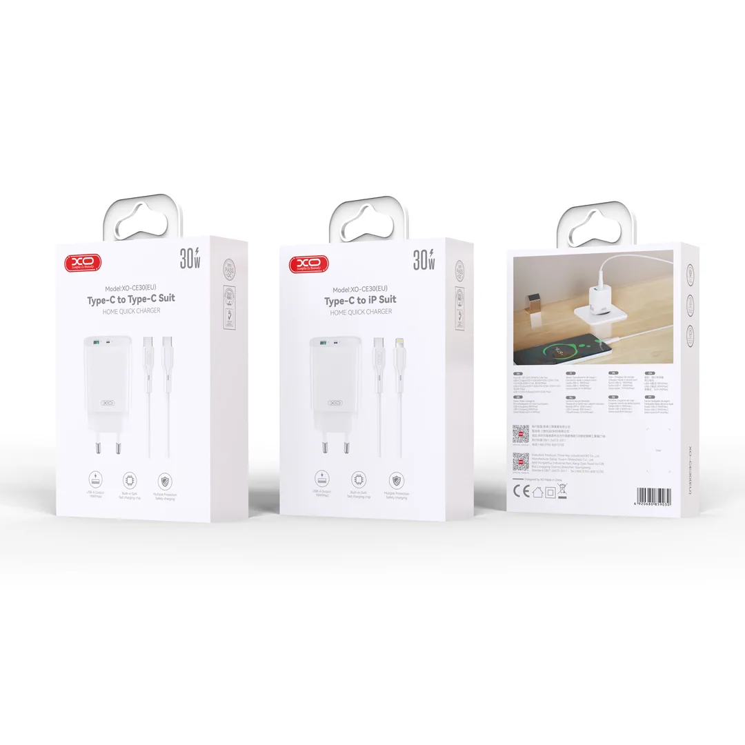 XO wall charger CE30 PD 30W 1x USB-C 1x USB white + cable USB-C – USB-C