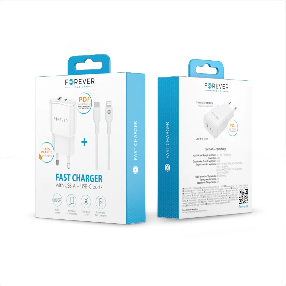 För alltid TC-01-20AC PD QC-laddare 1x USB-C 1x USB 20W vit + USB-C – Lightning-kabel 20W