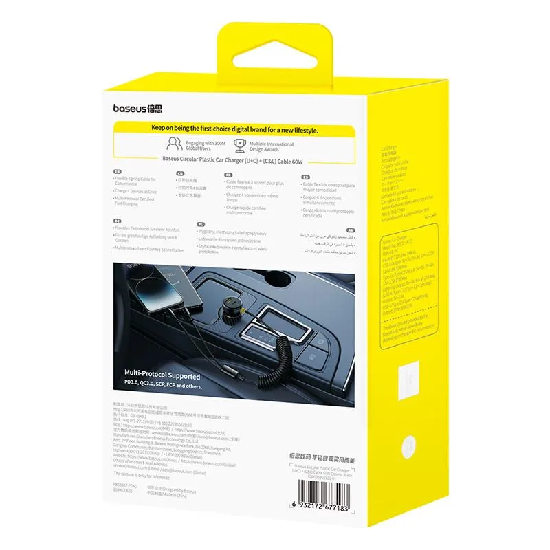 Baseus PD bilopladdare 1x USB-C – USB-A-port 60W svart