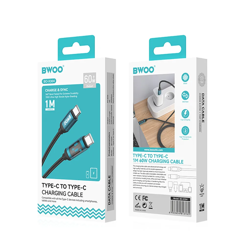 BWOO Flettad kabel USB-C – USB-C 1m 60W med animerad belysning svart