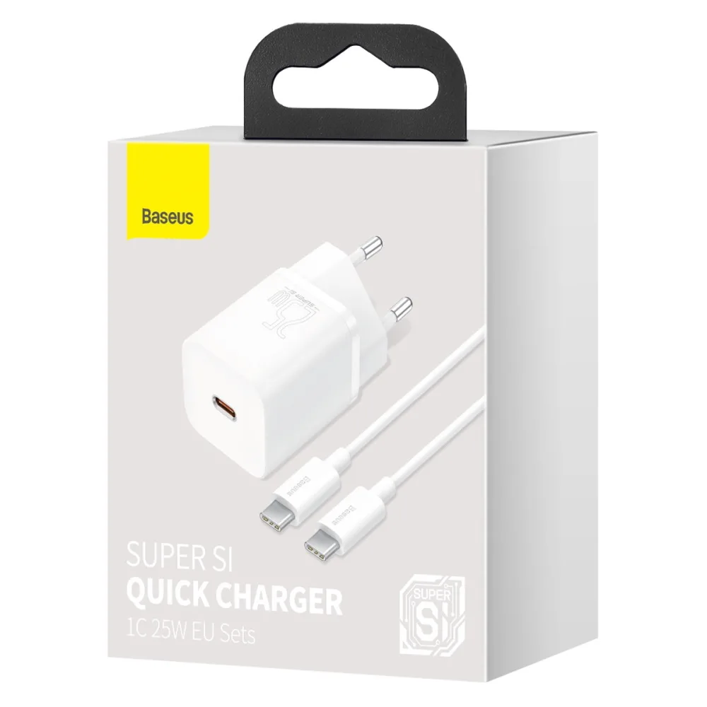 Baseus väggladdare Super Si PD 25W 1x USB-C vit + USB-C – USB-C-kabel