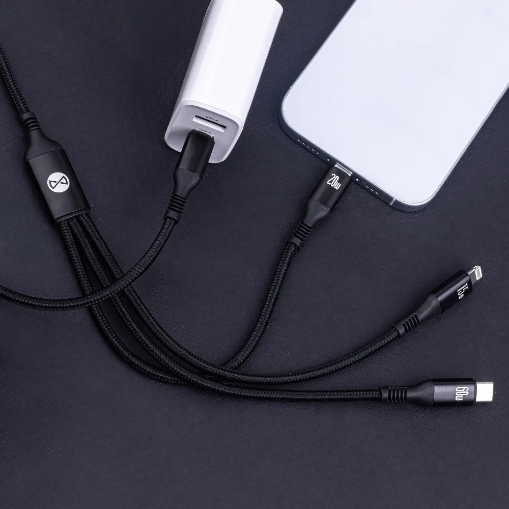 Forever 3in1-kabel USB-C – Lightning + 2x USB-C 1,2 m 60W svart