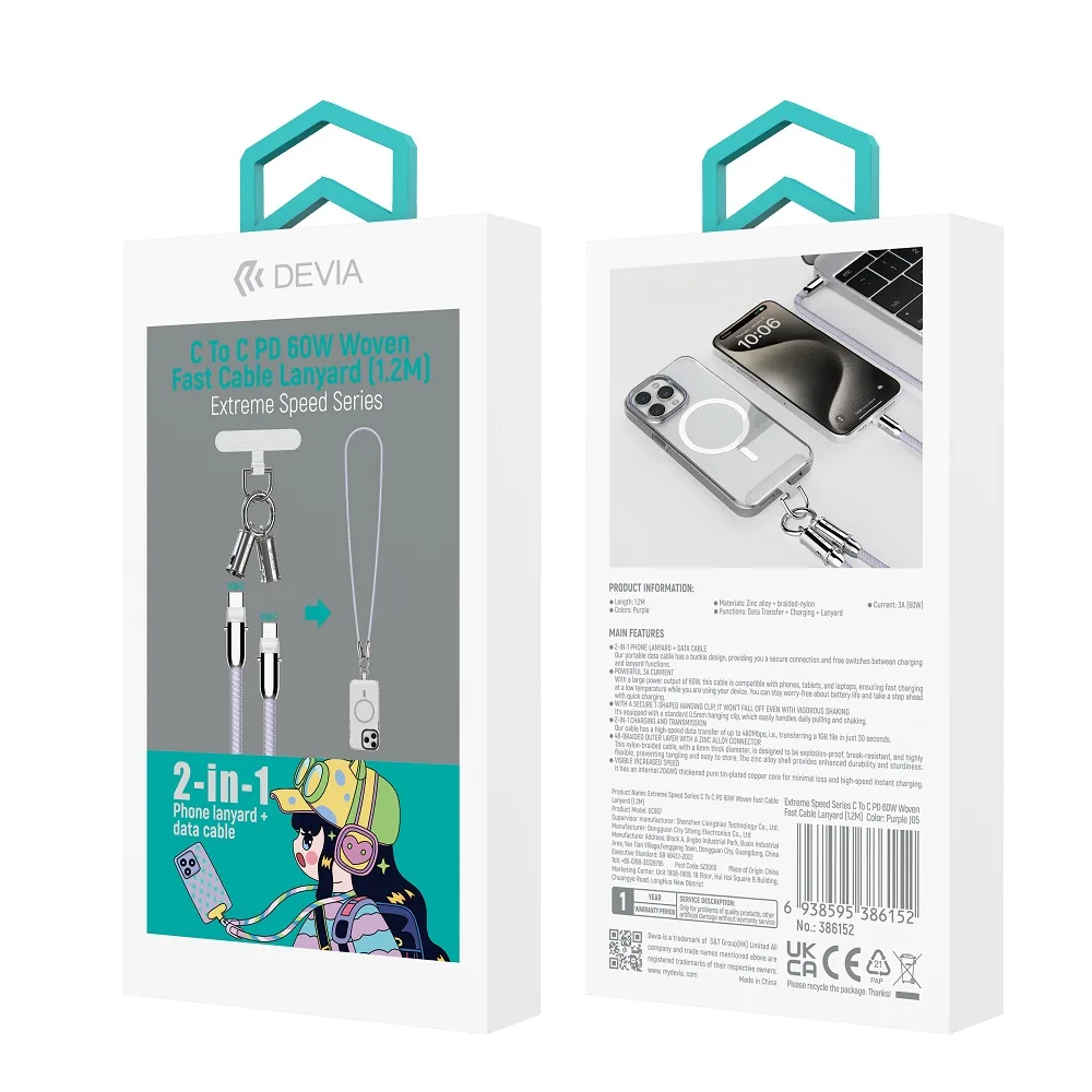 Devia sladdlina 2in1 PD USB-C – USB-C 1,2 m 60W lila