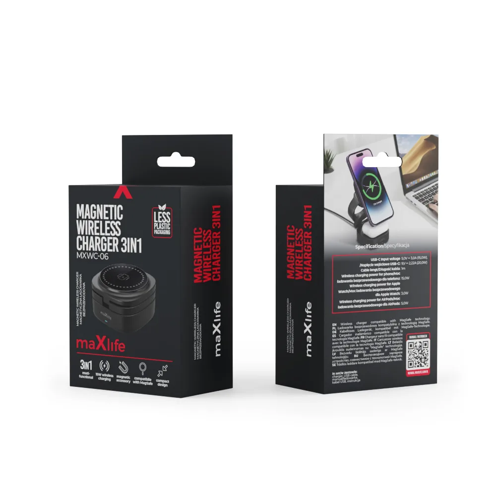 Maxlife MXWC-06 magnetisk trådlös laddare 15W svart 3-i-1