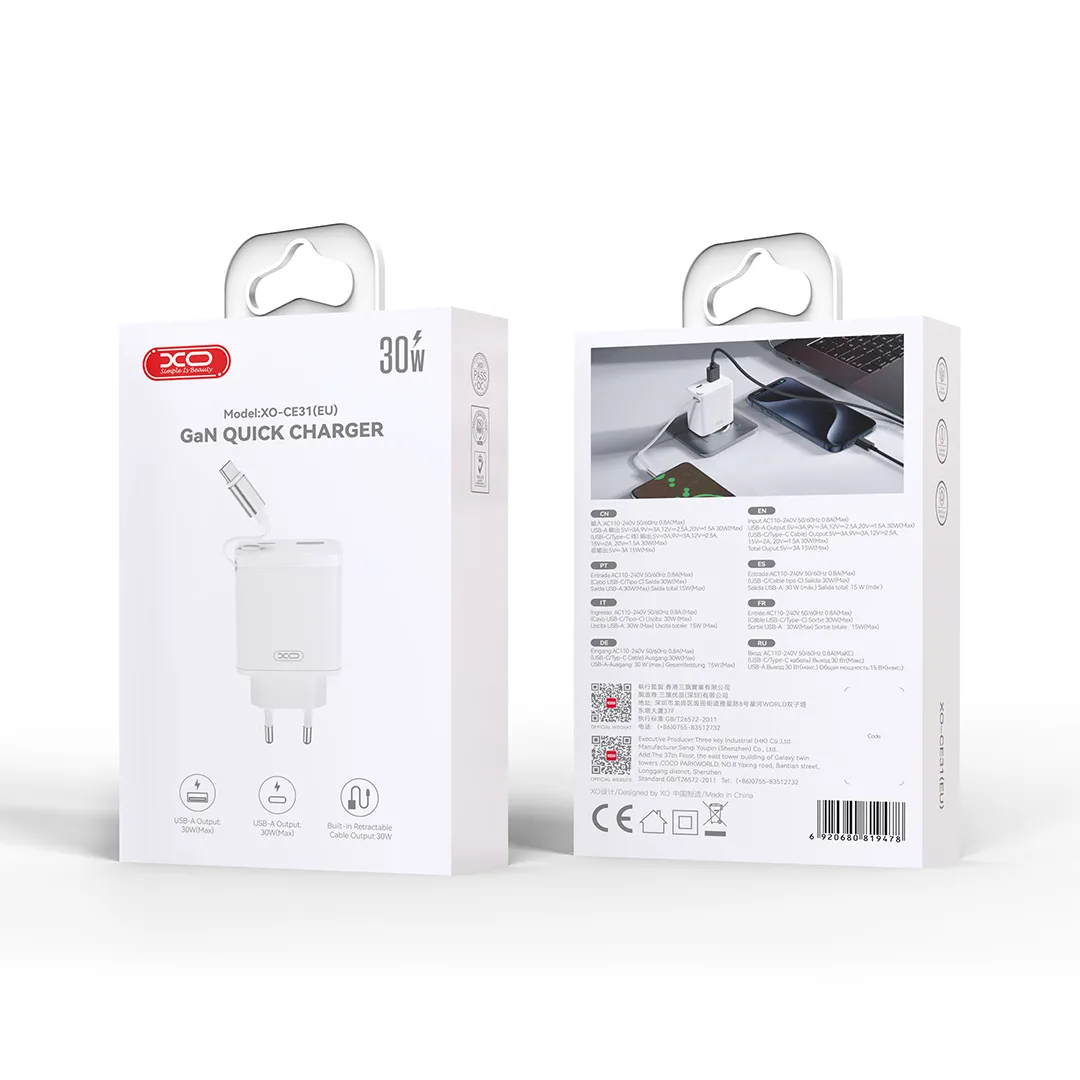 XO-väggladdare CE31 1x USB 1x USB-C 30W vit med utdragbar USB-C-kabel