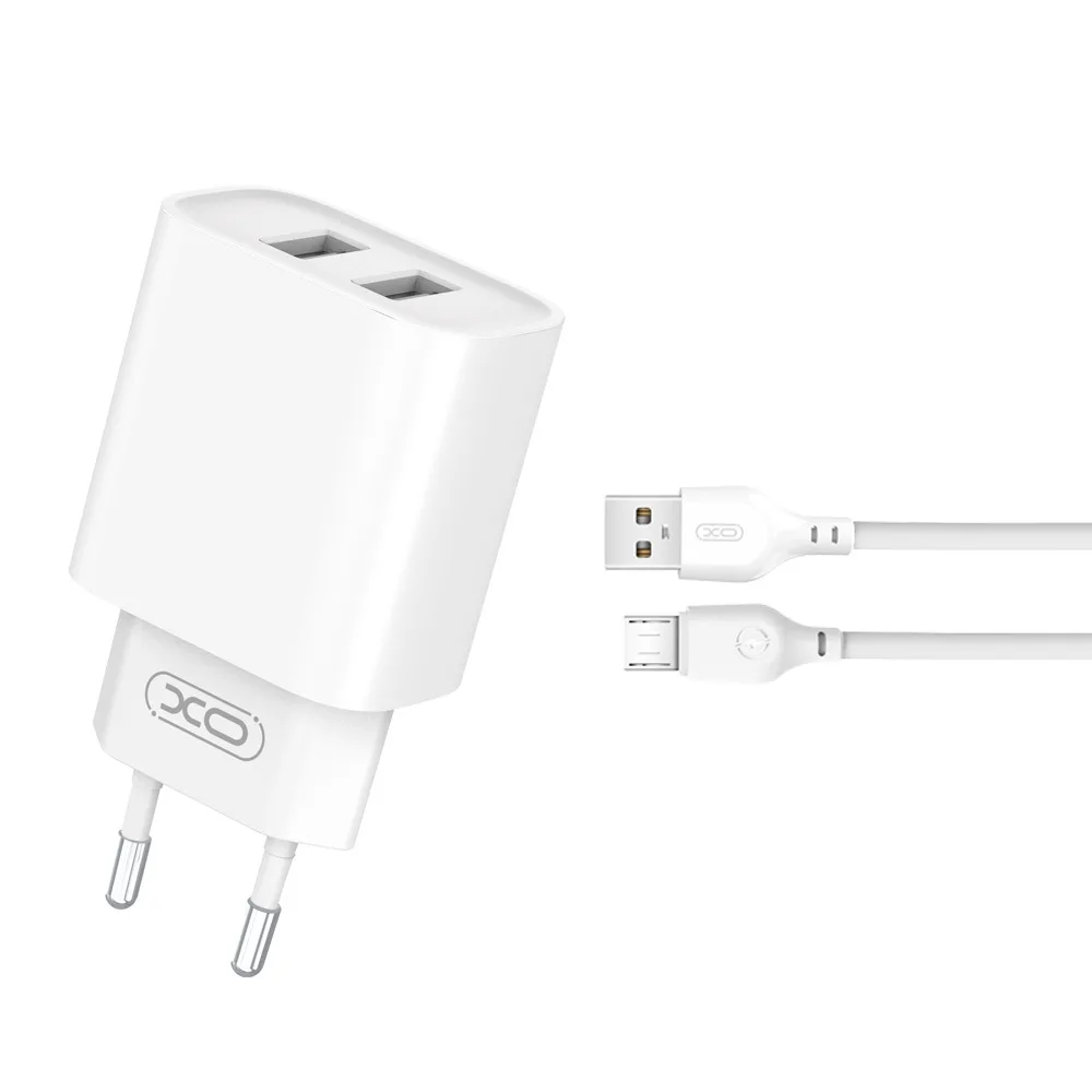 XO väggladdare CE02C 2x USB 2,1A vit + microUSB-kabel