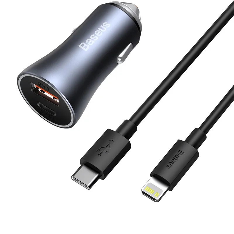 Baseus car charger Golden Contactor Pro 1x USB 1x USB-C QC 40W black + cable Lightning – USB-C