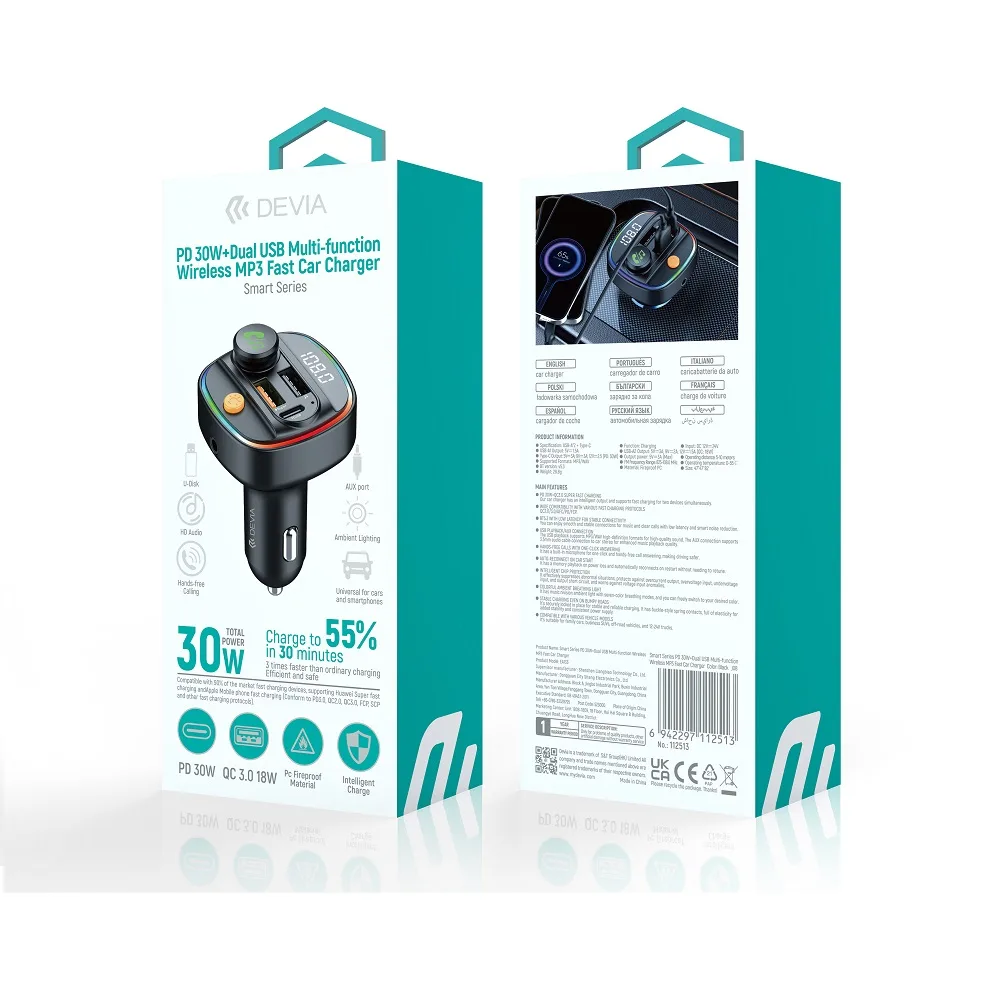 Devia transmitter FM Smart Bluetooth MP3 car charger PD 30W 1x USB-C 2x USB 3A black
