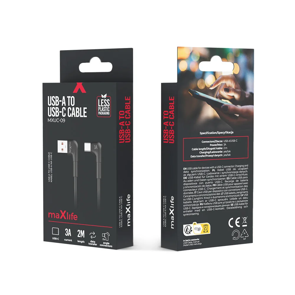 Maxlife MXUC-09 angle cable USB – USB-C 2,0 m 3A black
