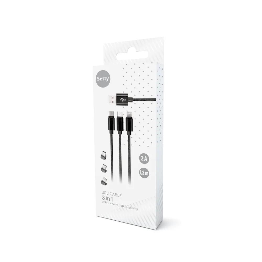 Setty 3in1 cable USB – Lightning + USB-C + microUSB 1,0 m 2A KN3W1-01 black