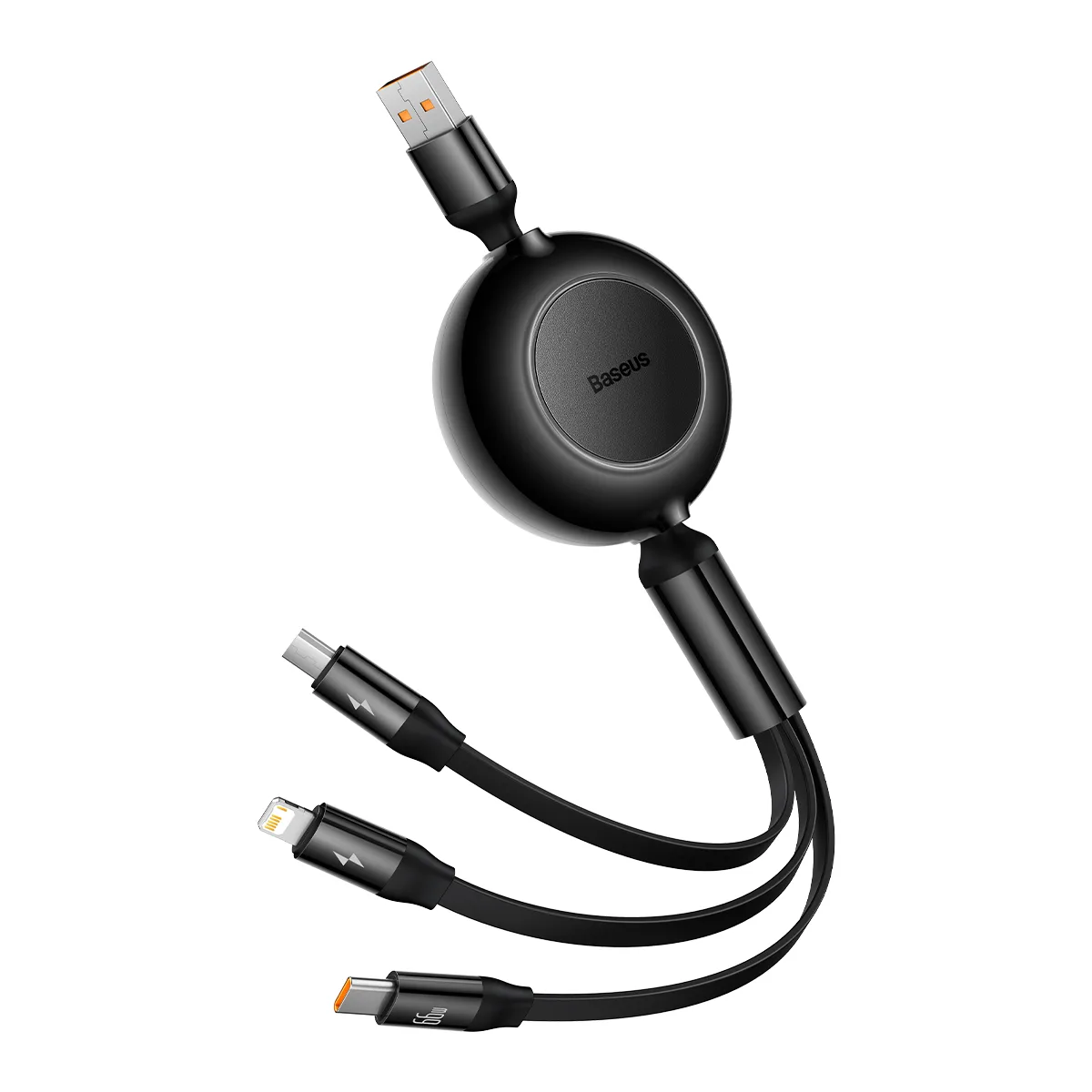 Baseus sladd Bright Mirror 2 3-i-1 USB – micro USB + Lightning + USB-C 1,1 m 66W svart upprullbar