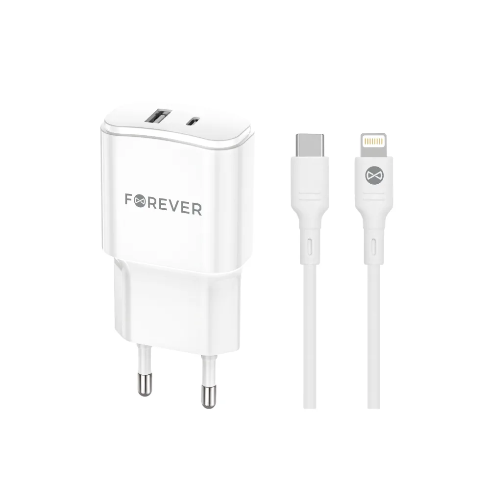 För alltid TC-01-20AC PD QC-laddare 1x USB-C 1x USB 20W vit + USB-C – Lightning-kabel 20W