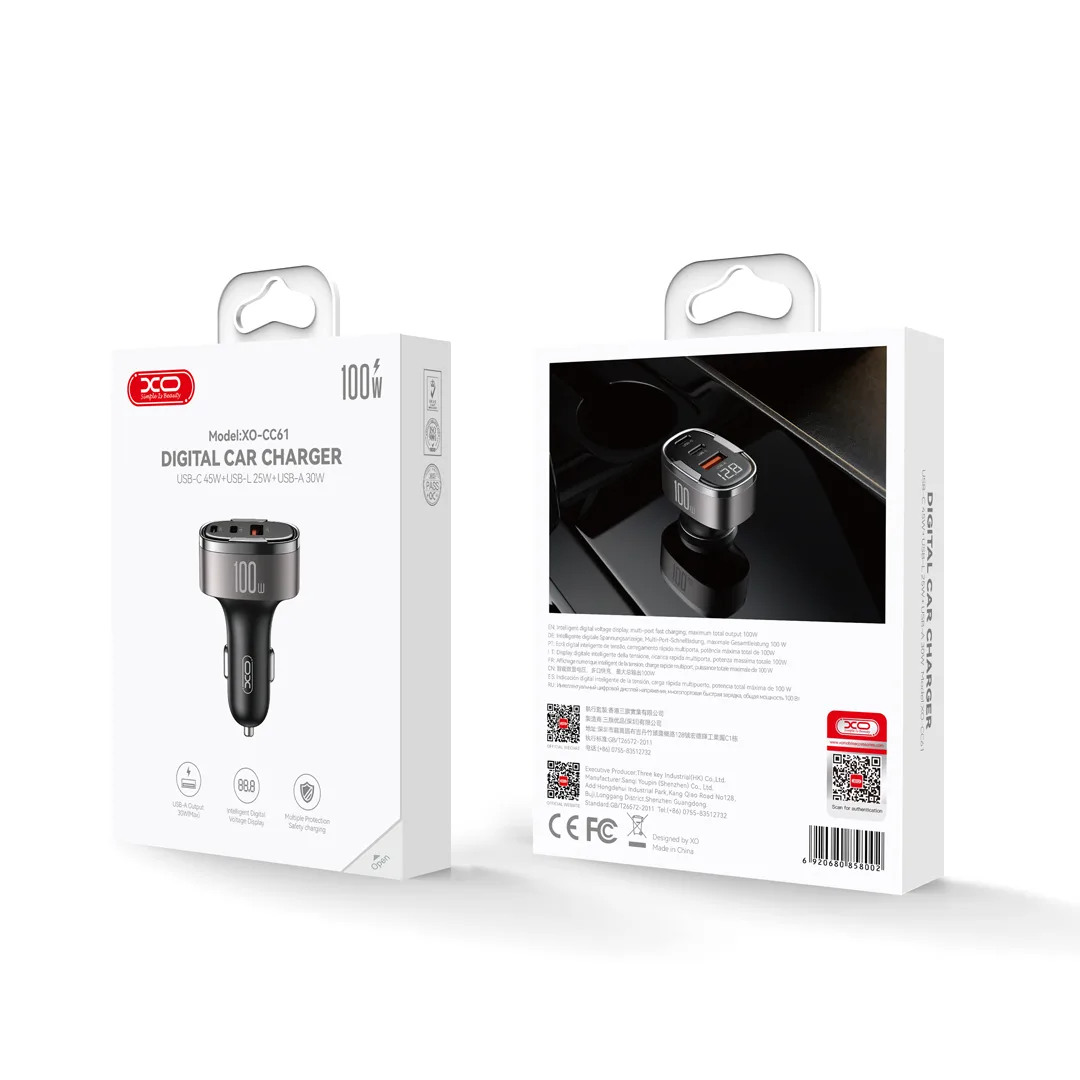 XO car charger CC61 PD QC 3.0 100W 1x USB 1x USB-C 1x Lightning gray