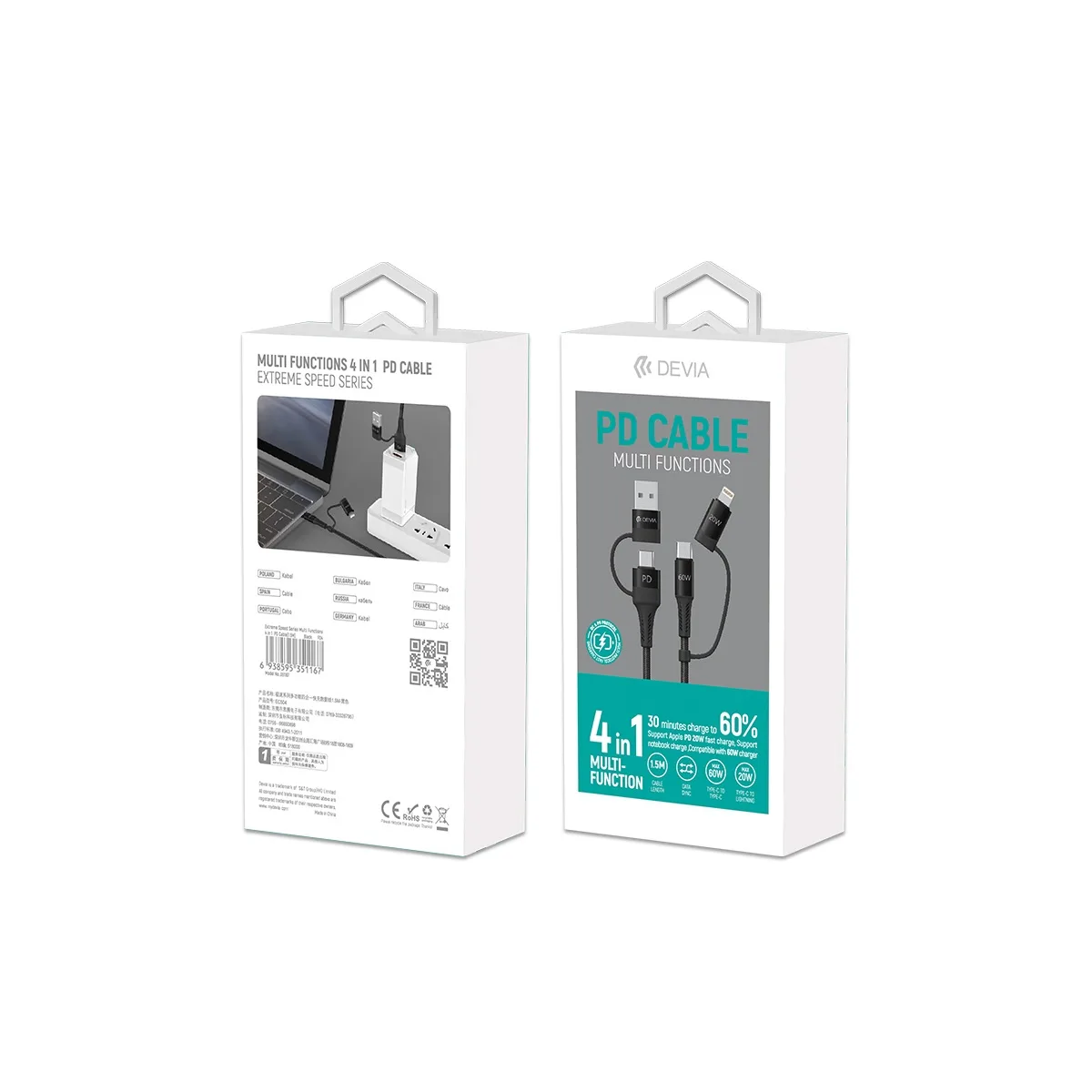 Devia kabel 4in1 Extreme EC504 PD USB-C + USB – USB-C + Lightning 1,5 m svart