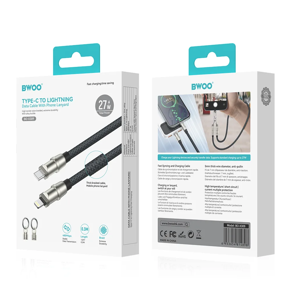 BWOO Lanyard-kabel USB-C – USB-C 0,3m 60W med band