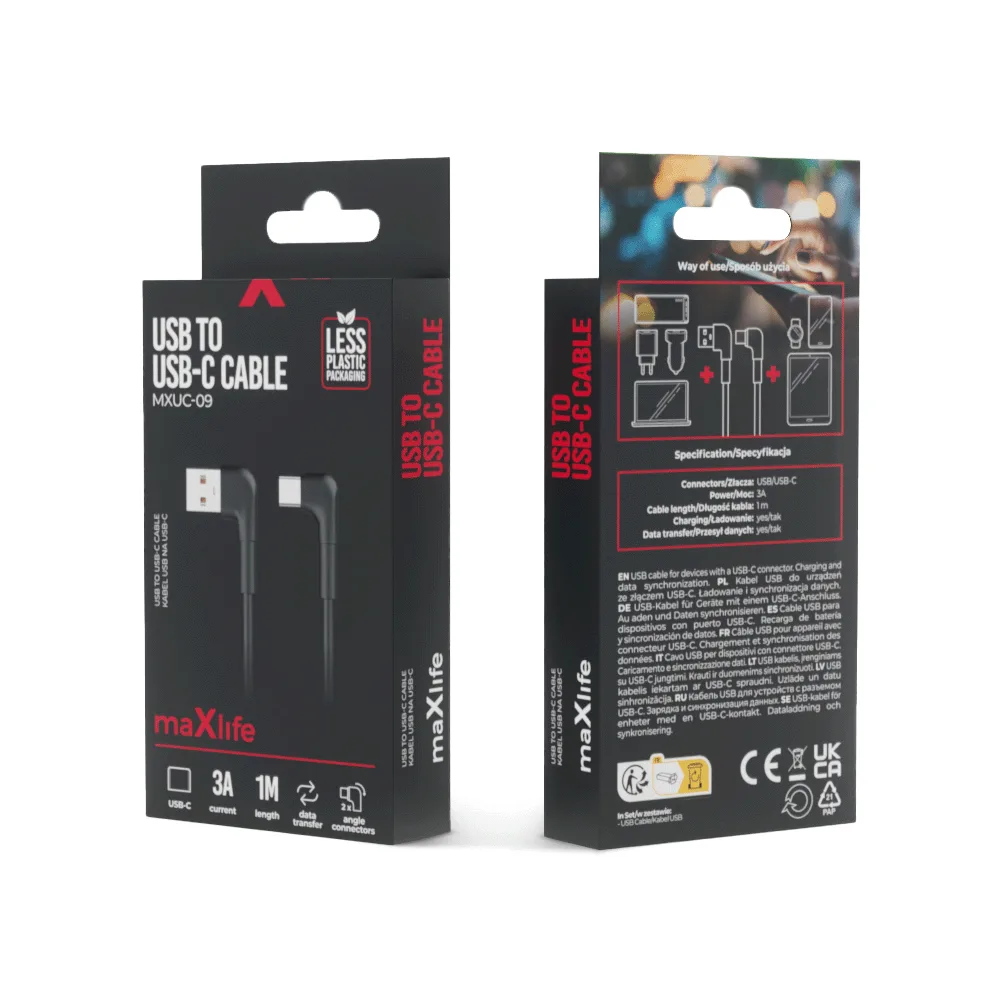 Maxlife MXUC-09 angle cable USB – USB-C 1,0 m 3A black