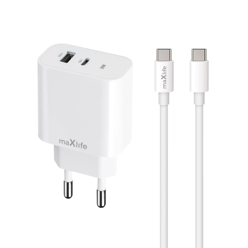 Maxlife MXTC-06-30AC PD QC charger 1x USB-C 1x USB 30W white + USB-C - USB-C cable 60W