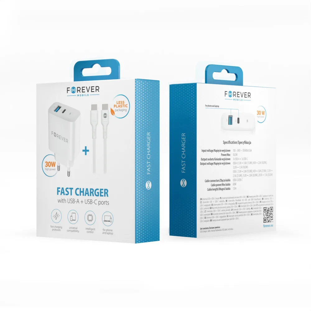 Forever TC-07-30AC PD QC charger 1x USB-C 1x USB 30W white + USB-C – USB-C cable 60W
