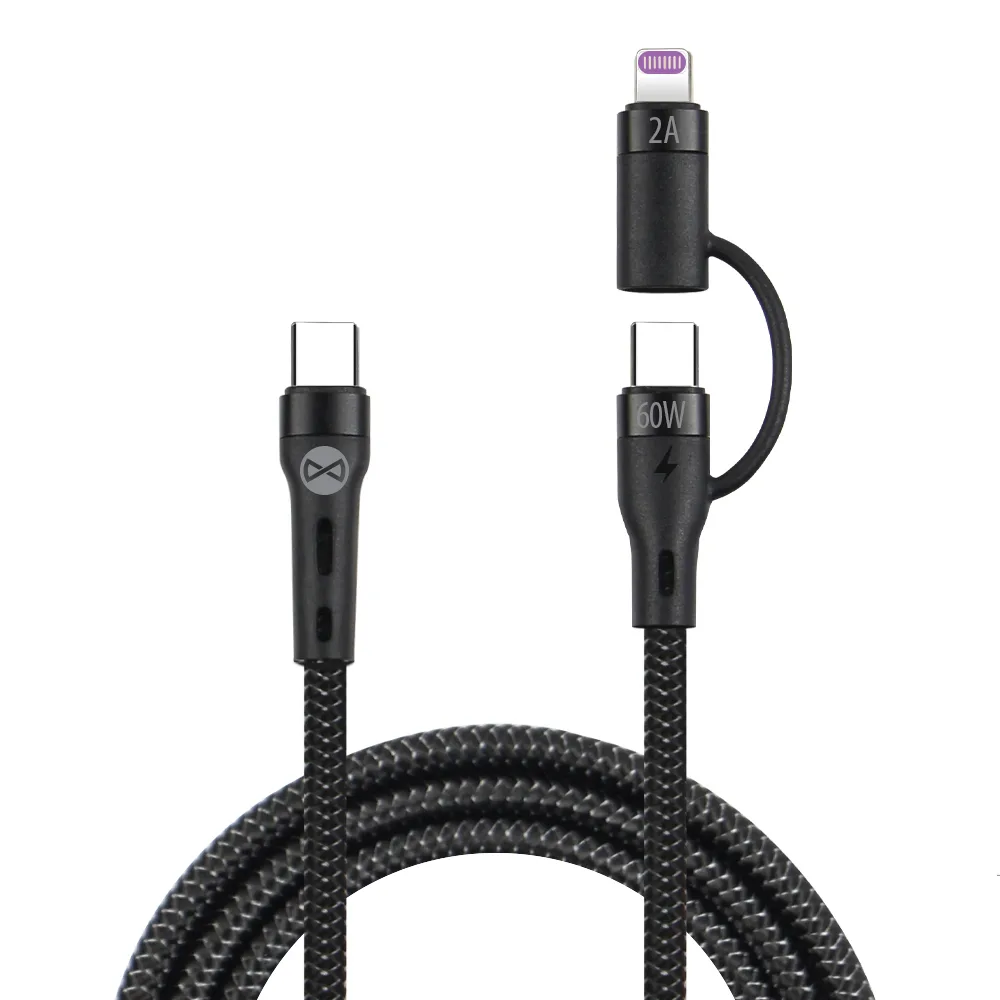 Forever 2in1-kabel USB-C – Lightning + USB-C 1,0 m 60W svart