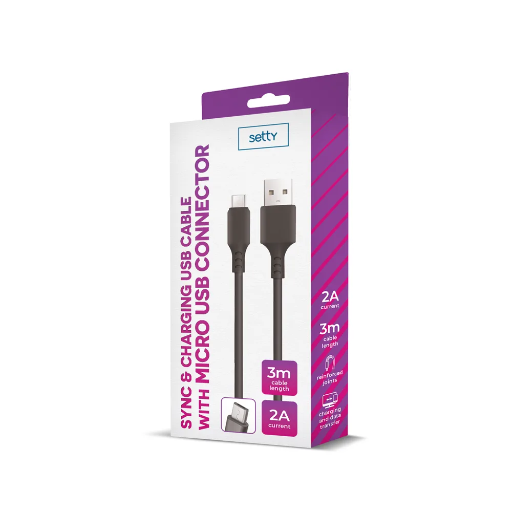 Setty USB-kabel – microUSB 3,0 m 2A svart NY