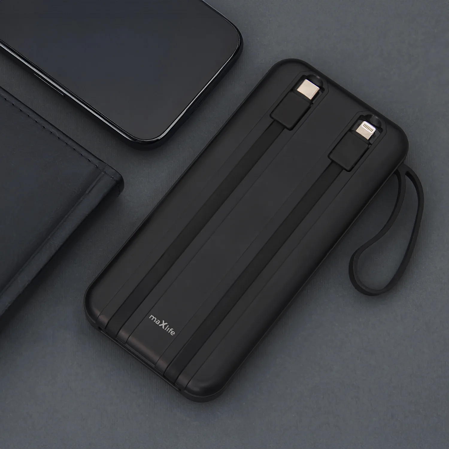 Maxlife power bank with built-in cables MXPB-06 PD QC 22,5W 10000 mAh black