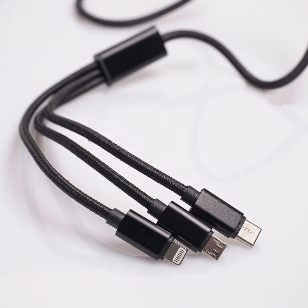 Maxlife 3in1 cable USB – Lightning + USB-C + microUSB 1,0 m 2,1A black nylon
