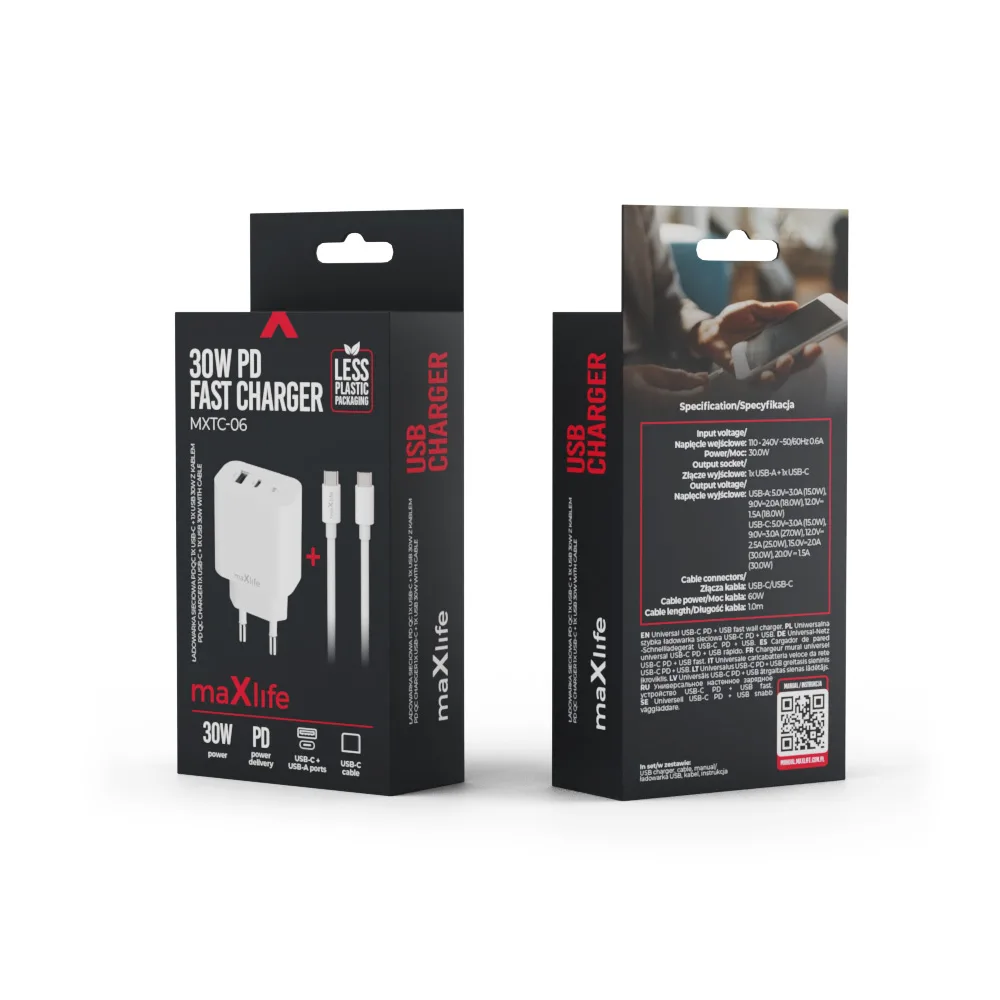 Maxlife MXTC-06-30AC PD QC charger 1x USB-C 1x USB 30W white + USB-C – USB-C cable 60W