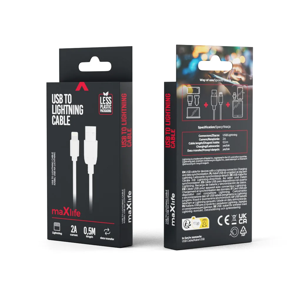 Maxlife-kabel USB – Lightning 0,5 m 2A vit