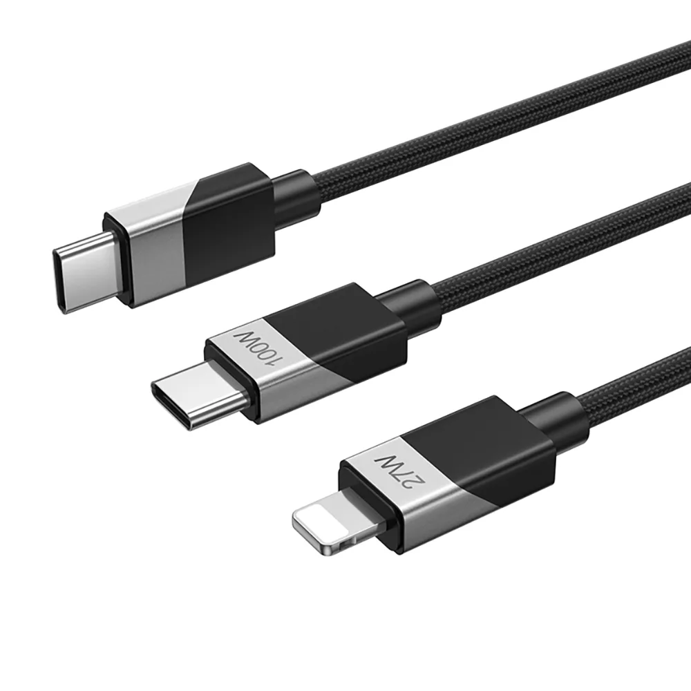 BWOO FLÄTAD 2-i-1 Kabel USB-C – USB-C och Lightning 1m 100W/27W svart