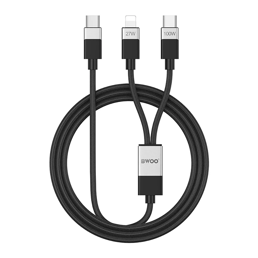 BWOO FLÄTAD 2-i-1 Kabel USB-C – USB-C och Lightning 1m 100W/27W svart