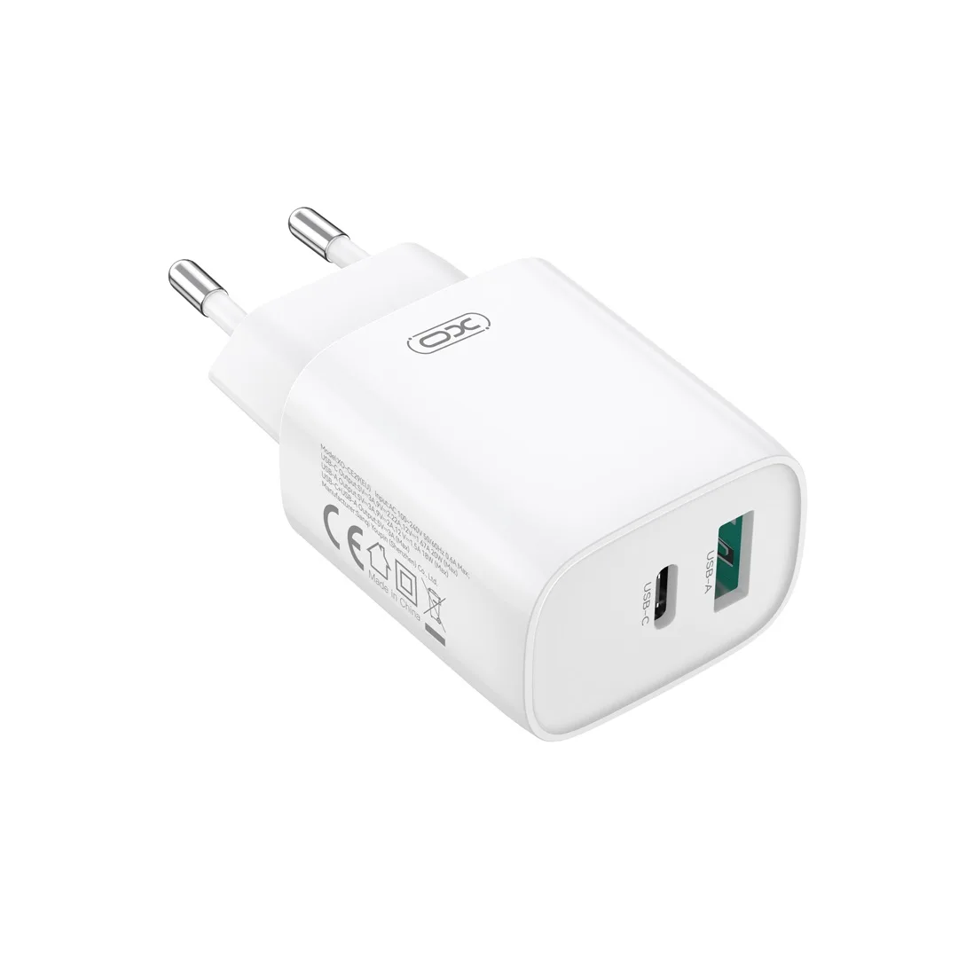 XO wall charger CE29 PD 20W 1x USB-C 1x USB white + cable USB-C – Lightning