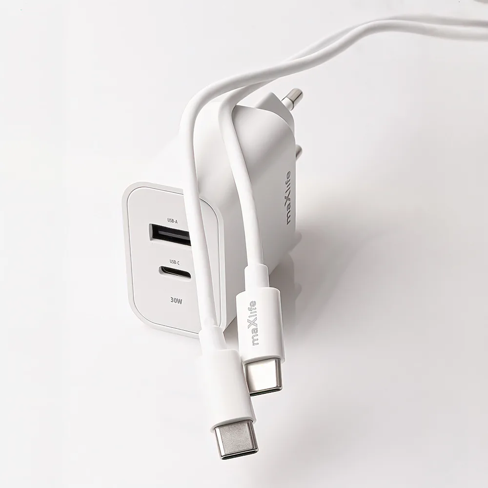 Maxlife MXTC-06-30AC PD QC charger 1x USB-C 1x USB 30W white + USB-C – USB-C cable 60W