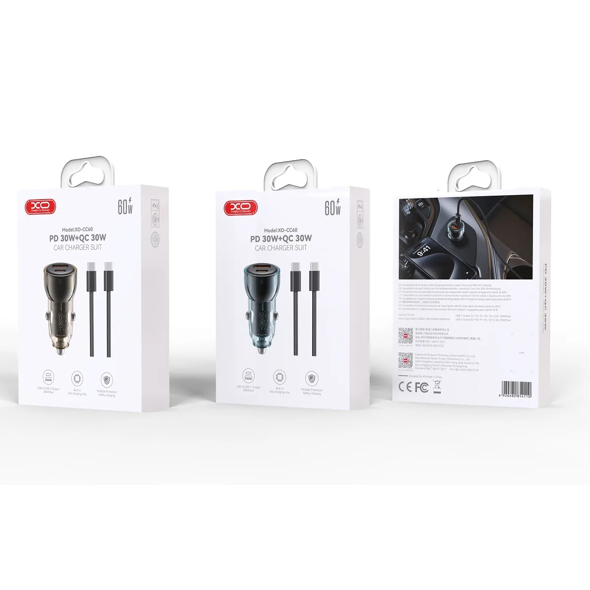 XO car charger CC60 60W 1x USB 1x USB-C blue + USB-C – USB-C cable