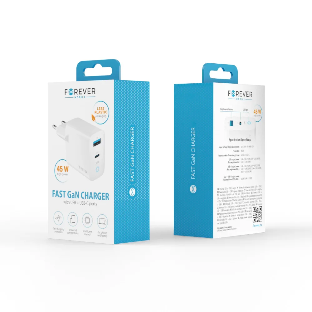 Forever TC-06-45AC GaN PD QC charger 1x USB-C 1x USB 45W white