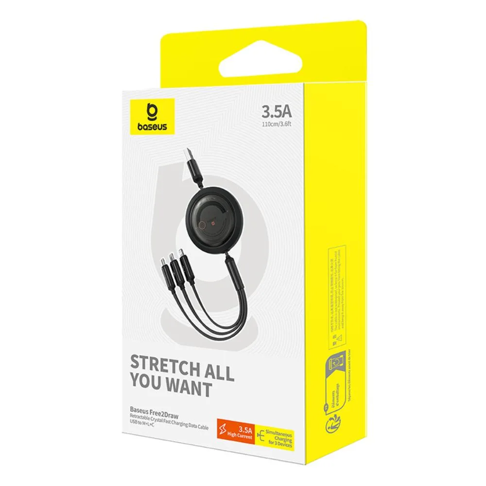 Baseus Free2Draw Uttagsbar Kristallsnabbladdningskabel USB till M+L+C 3.5A 1.1m Cluster Svart